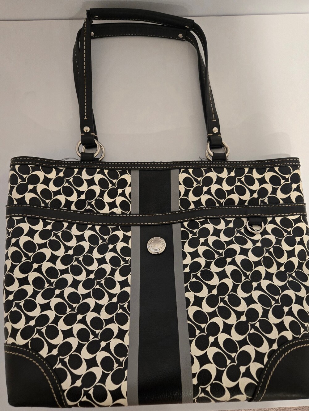 Coach Black White Logo Pattern Tote Bag Zip Closure Silver Hardware Women